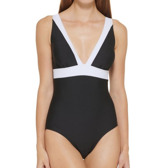 DKNY Plunging Colorblocked One-Piece Swimsuit Size 10 - Picture 1 of 11